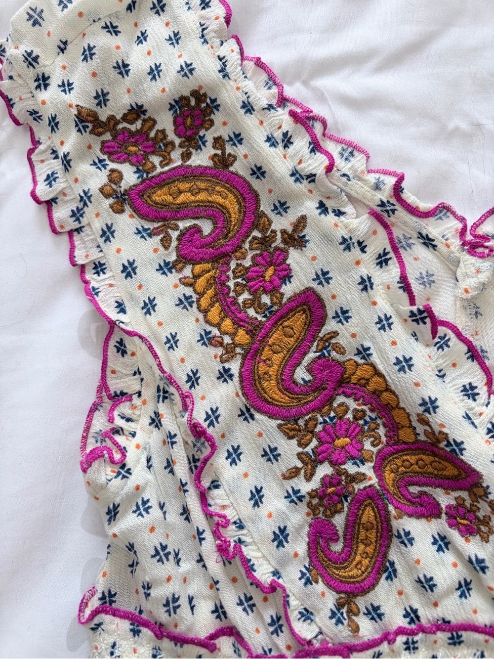 Anthropologie White Embroidered Paisley Dress with Pink & Gold Accents